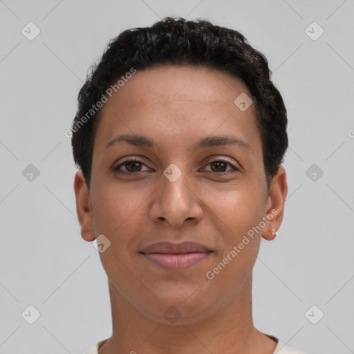 Joyful latino young-adult female with short  brown hair and brown eyes