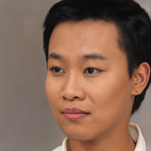 Neutral asian young-adult female with short  black hair and brown eyes
