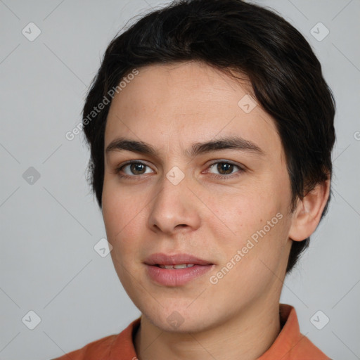 Joyful white young-adult male with medium  brown hair and brown eyes