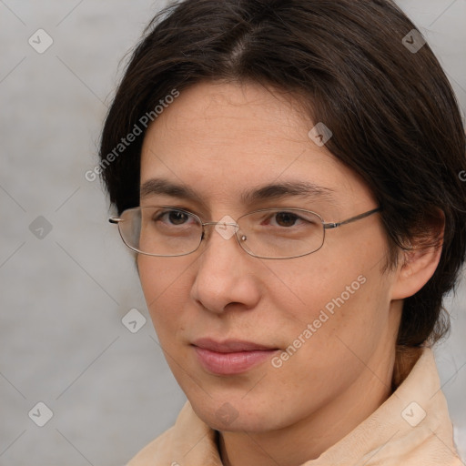 Joyful white adult female with medium  brown hair and brown eyes