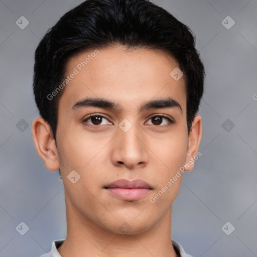 Neutral asian young-adult male with short  brown hair and brown eyes