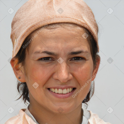 Joyful white adult female with short  brown hair and brown eyes