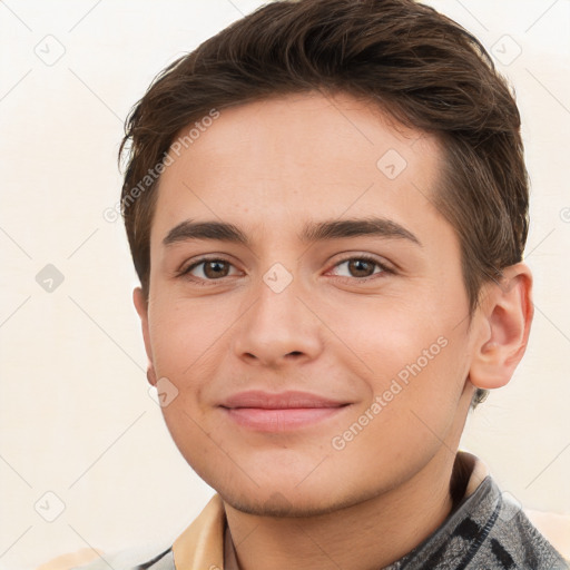 Joyful white young-adult male with short  brown hair and brown eyes