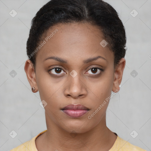 Neutral black young-adult female with short  brown hair and brown eyes