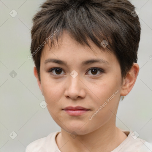 Neutral white young-adult female with short  brown hair and brown eyes