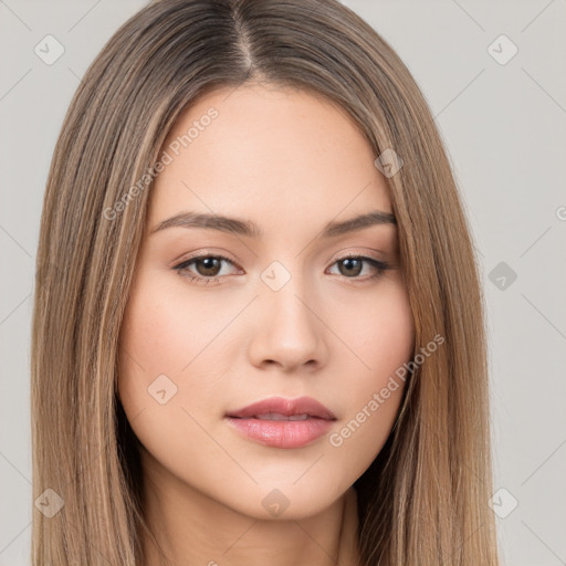 Neutral white young-adult female with long  brown hair and brown eyes