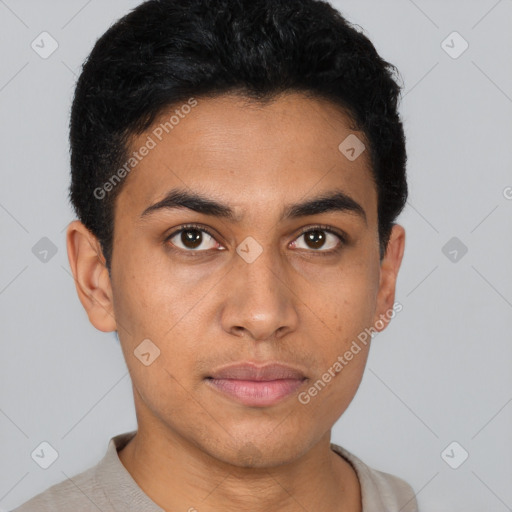 Neutral latino young-adult male with short  black hair and brown eyes