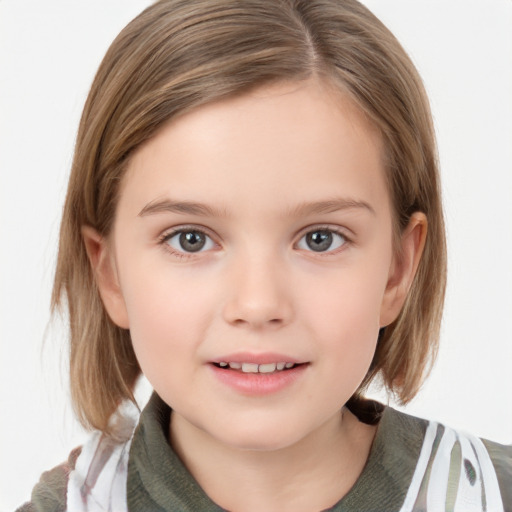 Joyful white child female with medium  brown hair and grey eyes