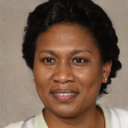 Joyful black adult female with short  black hair and brown eyes