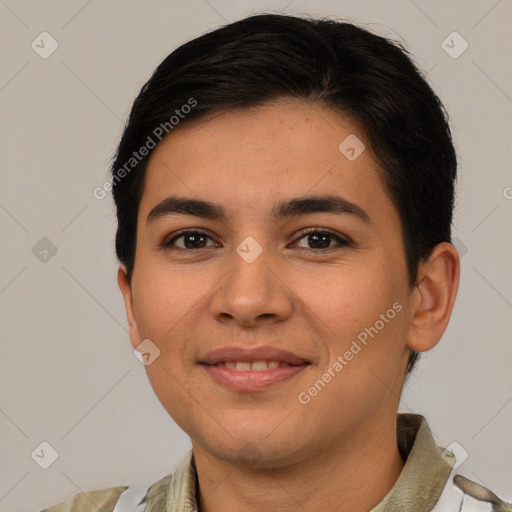 Joyful latino young-adult female with short  brown hair and brown eyes