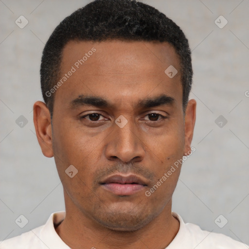 Neutral latino young-adult male with short  black hair and brown eyes