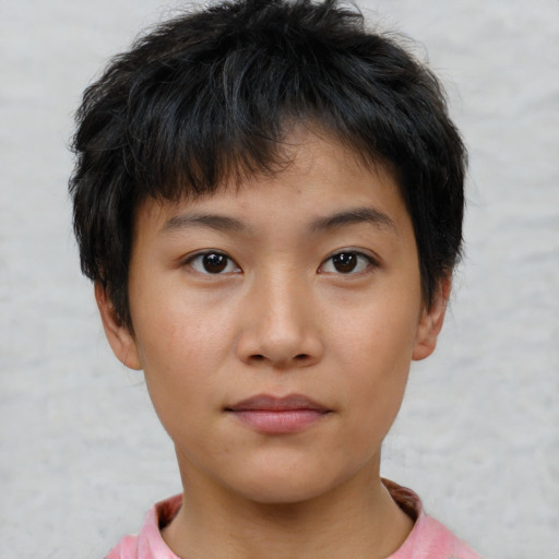 Neutral asian young-adult female with short  brown hair and brown eyes