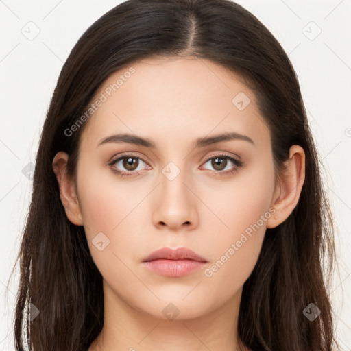 Neutral white young-adult female with long  brown hair and brown eyes