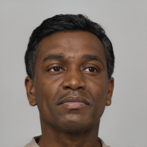Neutral black adult male with short  black hair and brown eyes