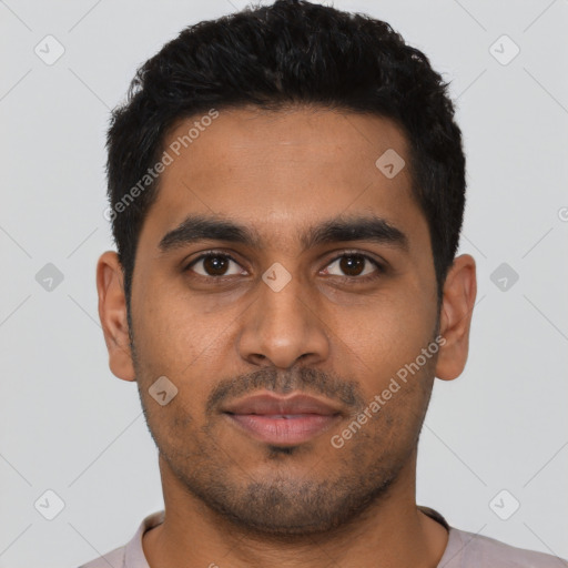 Neutral latino young-adult male with short  black hair and brown eyes
