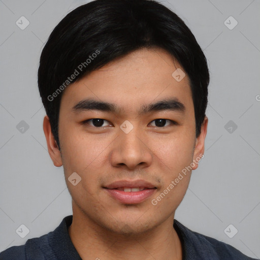 Joyful asian young-adult male with short  black hair and brown eyes