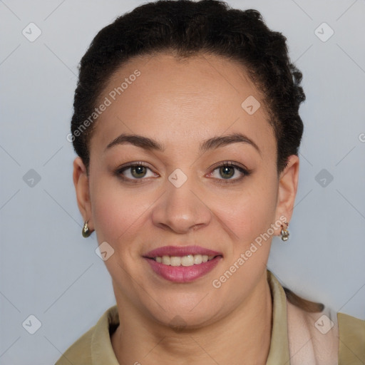 Joyful black young-adult female with short  brown hair and brown eyes