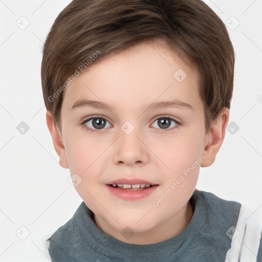 Joyful white child female with short  brown hair and brown eyes