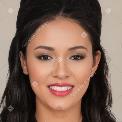 Joyful white young-adult female with long  black hair and brown eyes