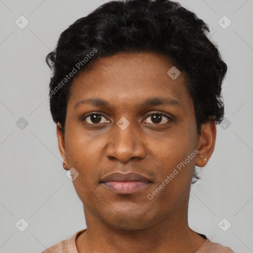 Neutral black young-adult male with short  black hair and brown eyes