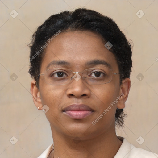 Neutral black young-adult female with short  brown hair and brown eyes