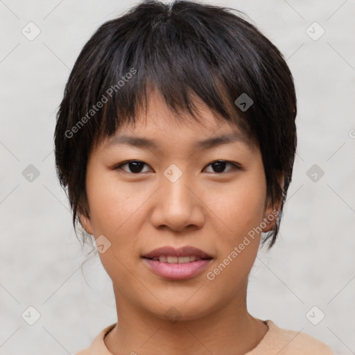 Joyful asian young-adult female with short  brown hair and brown eyes