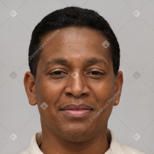 Joyful latino adult male with short  brown hair and brown eyes