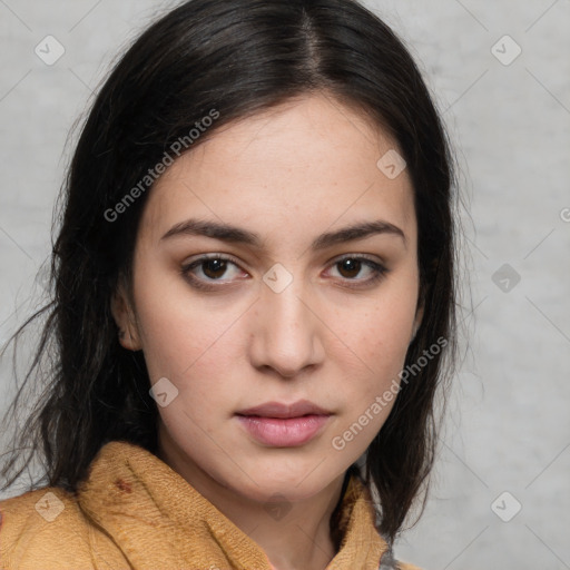 Neutral white young-adult female with long  brown hair and brown eyes