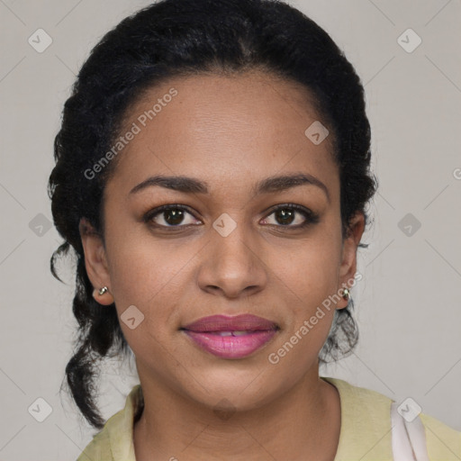 Joyful black young-adult female with medium  black hair and brown eyes