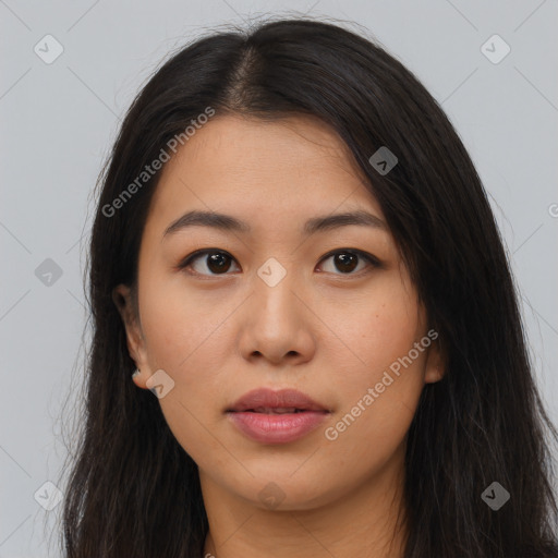 Neutral asian young-adult female with long  brown hair and brown eyes