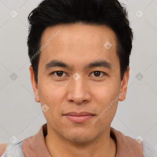 Joyful white young-adult male with short  black hair and brown eyes