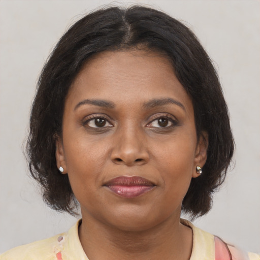Joyful black young-adult female with medium  brown hair and brown eyes