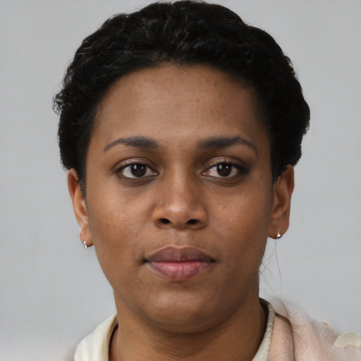 Neutral latino young-adult female with short  black hair and brown eyes