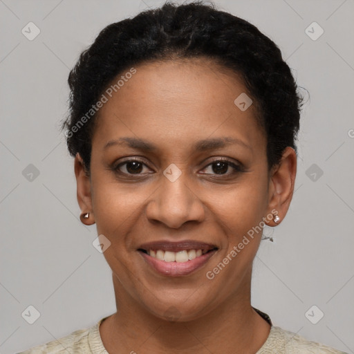 Joyful latino young-adult female with short  black hair and brown eyes