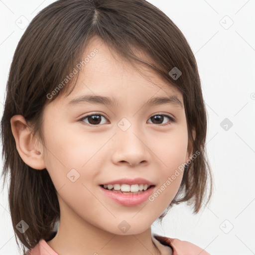 Joyful white child female with medium  brown hair and brown eyes