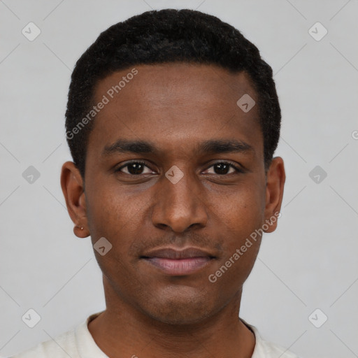 Neutral black young-adult male with short  black hair and brown eyes