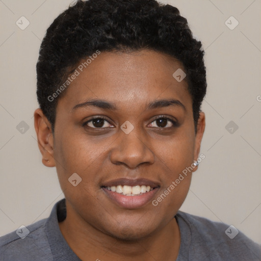 Joyful black young-adult female with short  brown hair and brown eyes