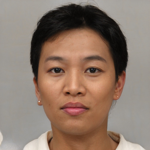 Neutral asian young-adult female with short  brown hair and brown eyes