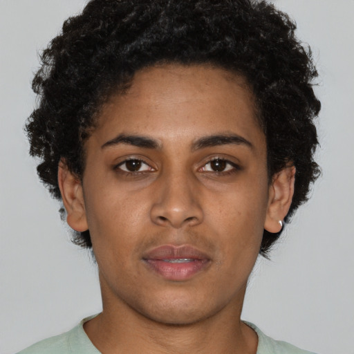 Neutral black young-adult female with short  brown hair and brown eyes