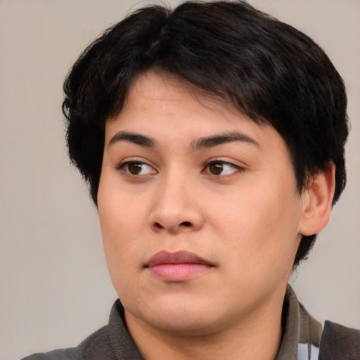 Neutral asian young-adult female with medium  brown hair and brown eyes