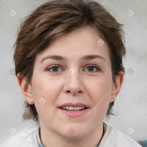 Joyful white adult female with medium  brown hair and grey eyes