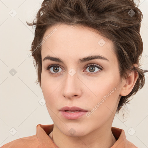 Neutral white young-adult female with medium  brown hair and brown eyes