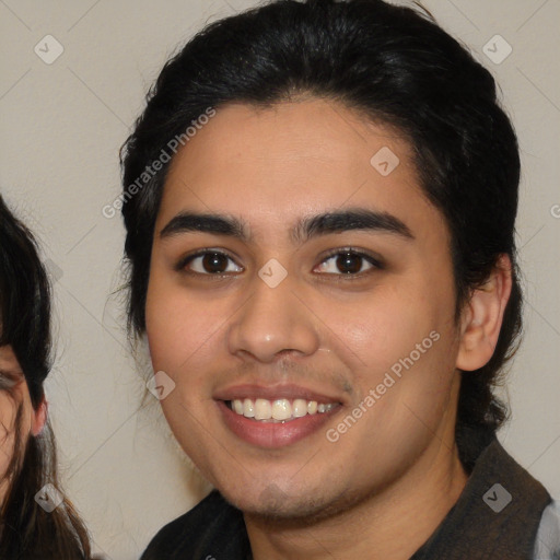 Joyful latino young-adult female with medium  brown hair and brown eyes