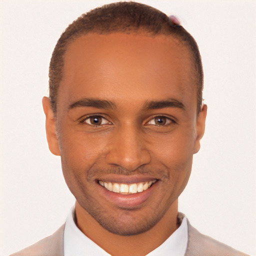 Joyful black young-adult male with short  brown hair and brown eyes