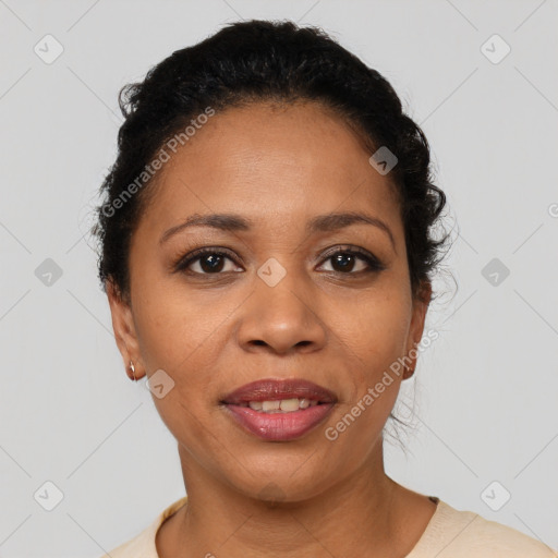 Joyful latino young-adult female with short  brown hair and brown eyes