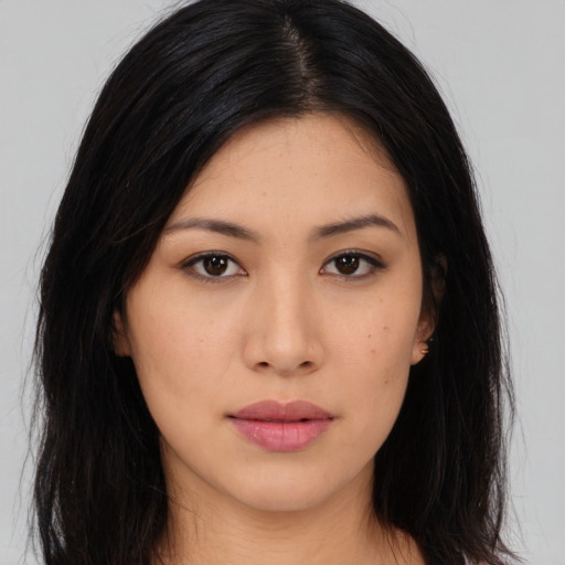 Neutral asian young-adult female with long  black hair and brown eyes