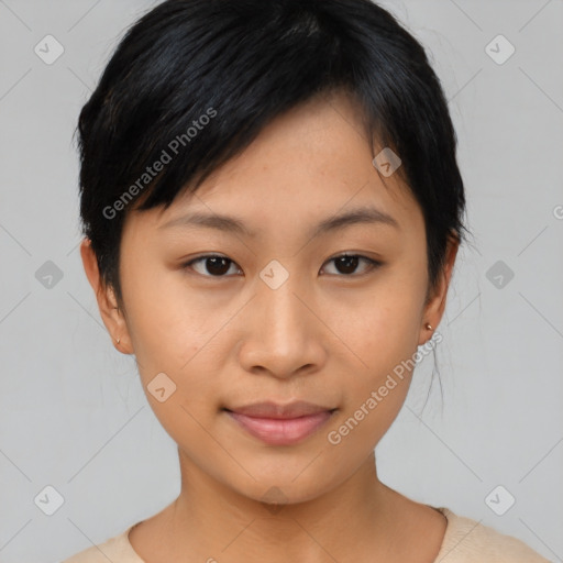 Joyful asian young-adult female with short  black hair and brown eyes