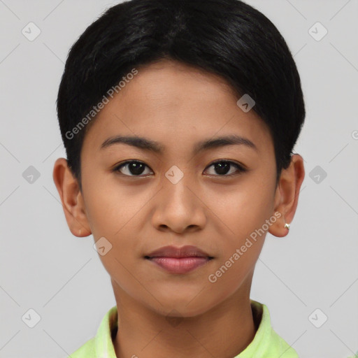 Joyful asian young-adult female with short  black hair and brown eyes