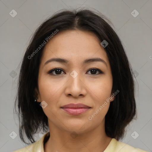 Joyful asian young-adult female with medium  brown hair and brown eyes