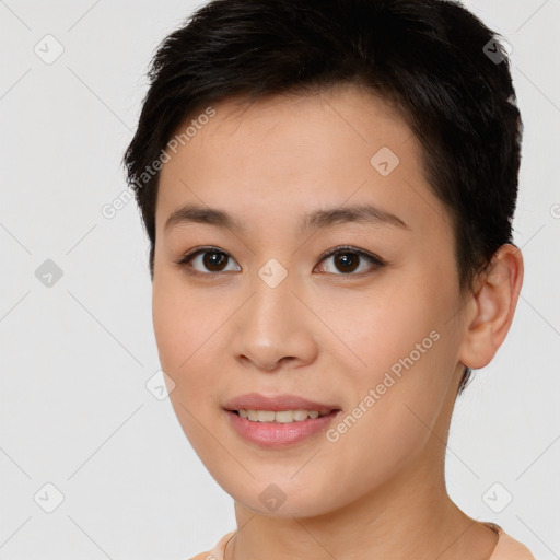 Joyful white young-adult female with short  brown hair and brown eyes